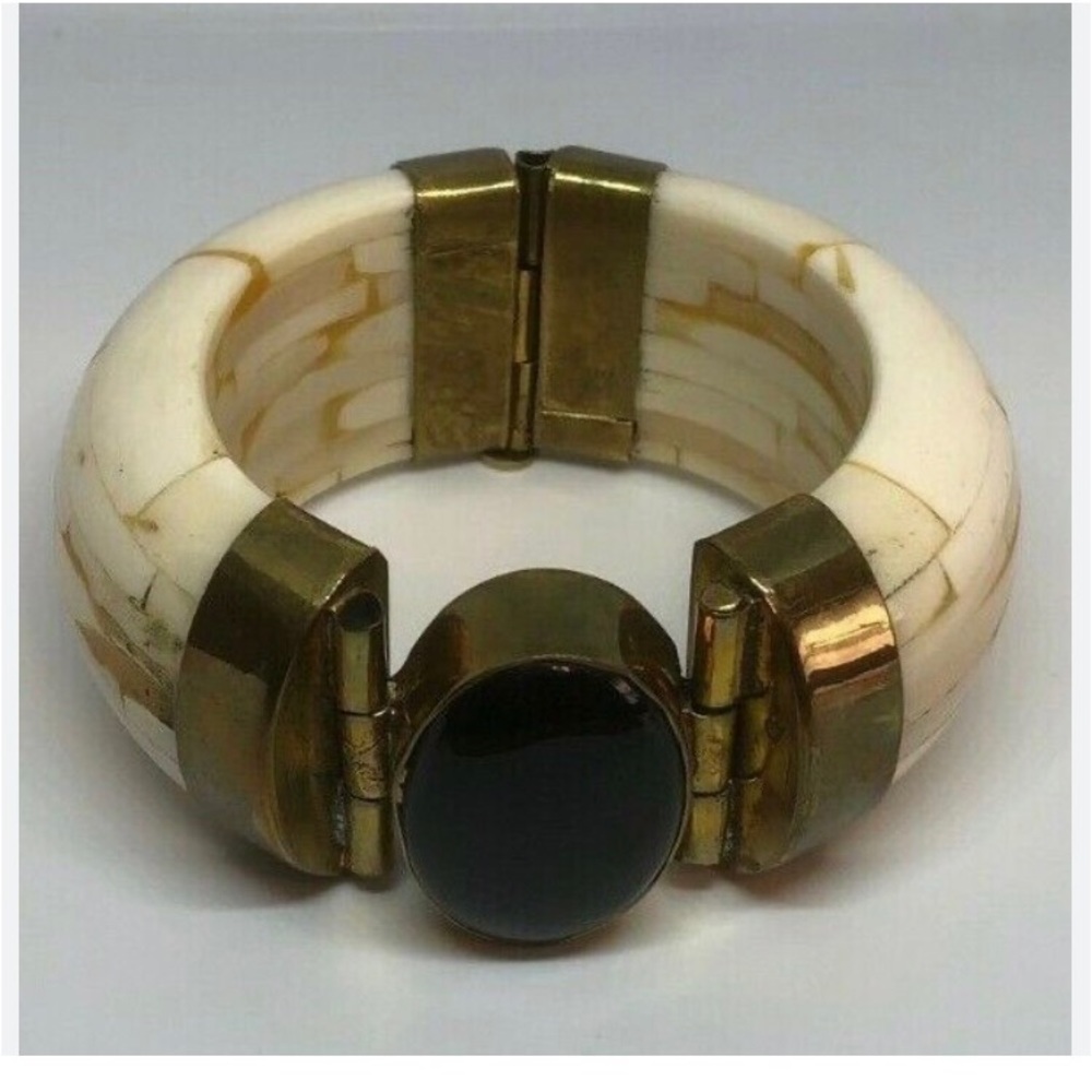 Huge Chunky Tessellated Bone Bracelet Trim with Brass